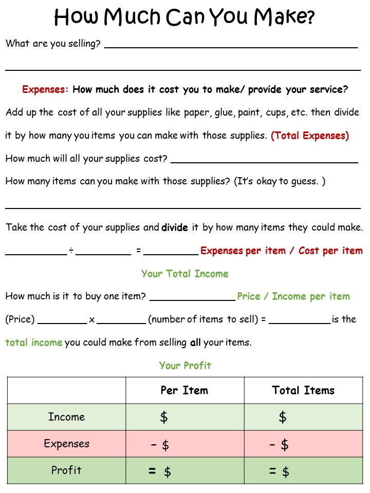 Great downloadable sheets to teach your kids about income expenses and profit for a childrens business fair. 